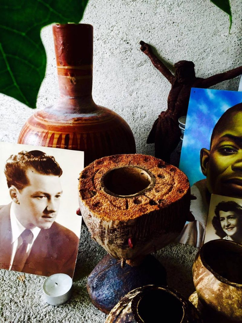 Custom made 'religious chalice' made of coconuts, along with small vessels, made by local artisan Victor M. Lopez Mariscal (Works at corner of Jacarandas & Francisca Rodriguez streets, Puerta Vallarta, Mexico). Vintage photograph: Portrait of Leon Berube, my Father (lower left) & Portait of my Mother, Lucille Des-Roberts (lower right). 'All Saints' Shrine Installation by LPM Projects along with local participants. Commissioned for the Day of the Dead Celebrations in Puerto Vallarta, Mexico. 