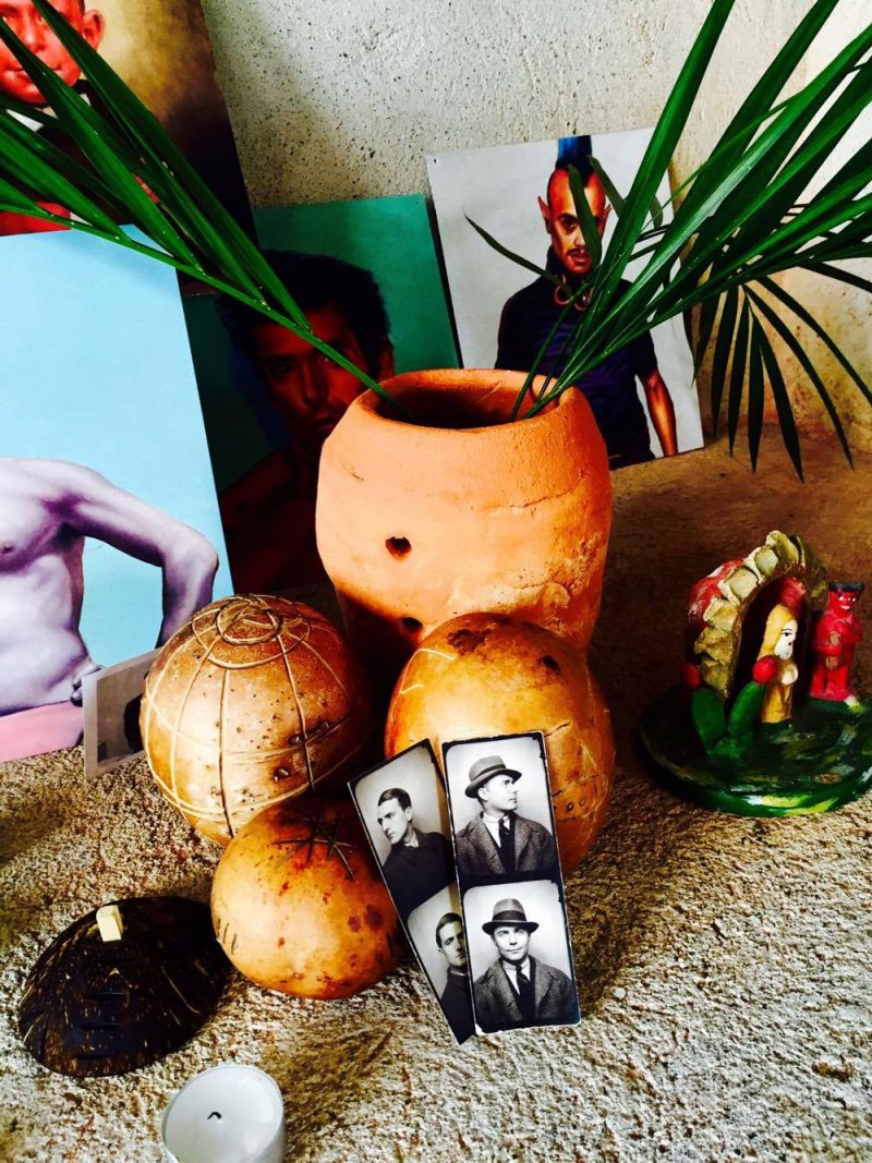 Custom made 'religious chalice' made of coconut, along with small vessels, made by local artisan Victor M. Lopez Mariscal (Works at corner of Jacarandas & Francisca Rodriguez streets, Puerta Vallarta, Mexico). Vintage photo booth photographs: (bottom) Anonymous lovers, 1940's (New York, USA).