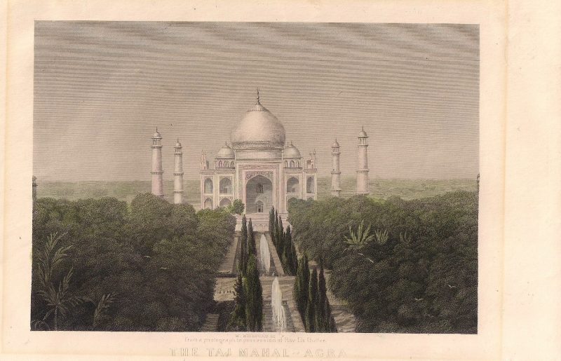 William Wellstood (Also Known as: W. Wellstood Born: Edinburgh, Scotland 1819. Died: New York, New York 1900). Rare Vintage Engraving, 'W. Wellstood Sc. From a photograph in possession of Rav Dr. Butler. The Taj Mahal-Acra'.  George Butler (1774–1853) was an English schoolmaster and divine, headmaster of Harrow School from 1805 to 1829. 6 x 9.5 inches. $35