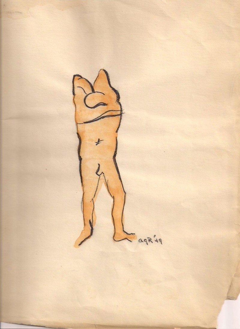 Unknown artist, watercolor & charcoal on vintage paper with some wear, Signed initials 'AGR '49', 9 x 12 inches, 1949, $200.