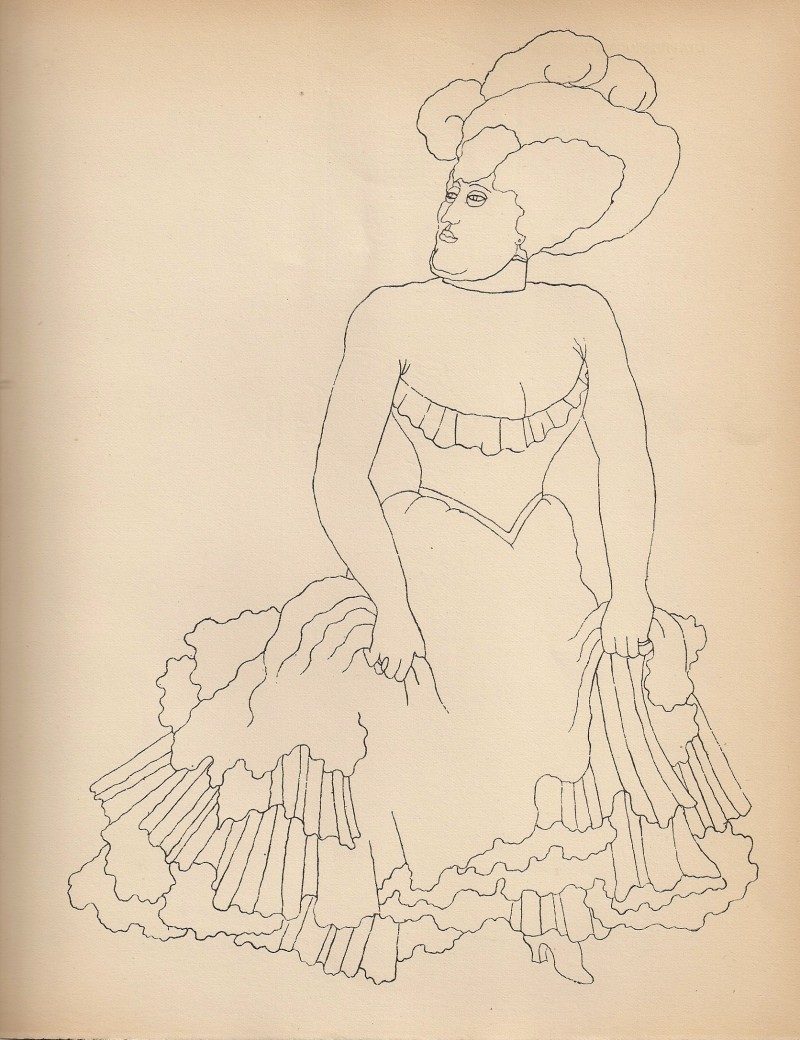 Jean Cocteau, Woman in Fancy Dress, Rare Print from Original 1923 Limited Edition Publication entitled 'Jean Cocteau: Dessins' (Librairie Stock, Delamain, Boutelleau et Cie, Paris). From Book Originally Hand Signed By Cocteau to Georges Prade, 1923. Acquired in New York City from Private Collection. 9 x 11 inches. $225 each.