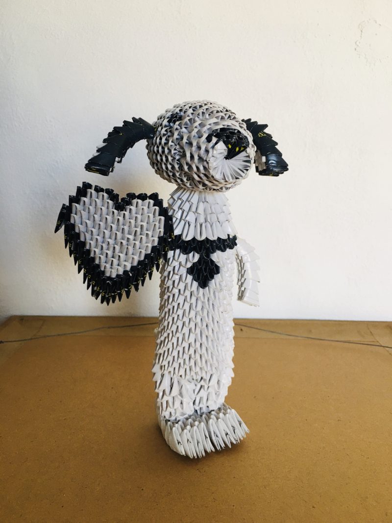 Traditional Mexican Beautifully Hand Made Paper Origami Style Black & White Standing Dog with Heart, by local artist in Puerto Vallarta. Measures 10 inches height x 6 inches at maximum width. Each of these artwork are one-of-a-kind. Only one in stock. $200 pesos. 