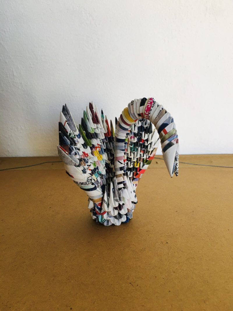 Traditional Mexican Beautifully Hand Made Paper Origami Style Small Swan by local artist in Puerto Vallarta. Measures 5 inches height x 5 inches at maximum width. Each of these artwork are one-of-a-kind. Only one in stock. $100 pesos. 