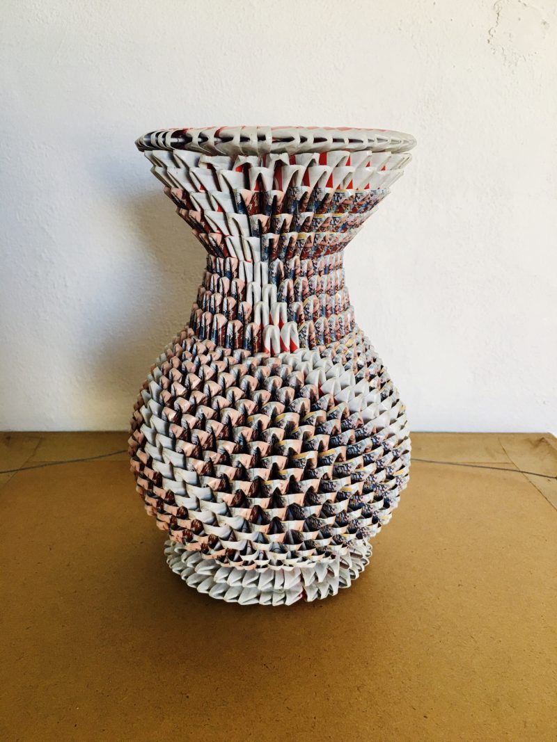 Traditional Mexican Beautifully Hand Made Paper Origami Style Vase by local artist in Puerto Vallarta. Measures 10 inches height x 8 inches width. Each of these artwork are one-of-a-kind. Only one in stock. $250 pesos. 