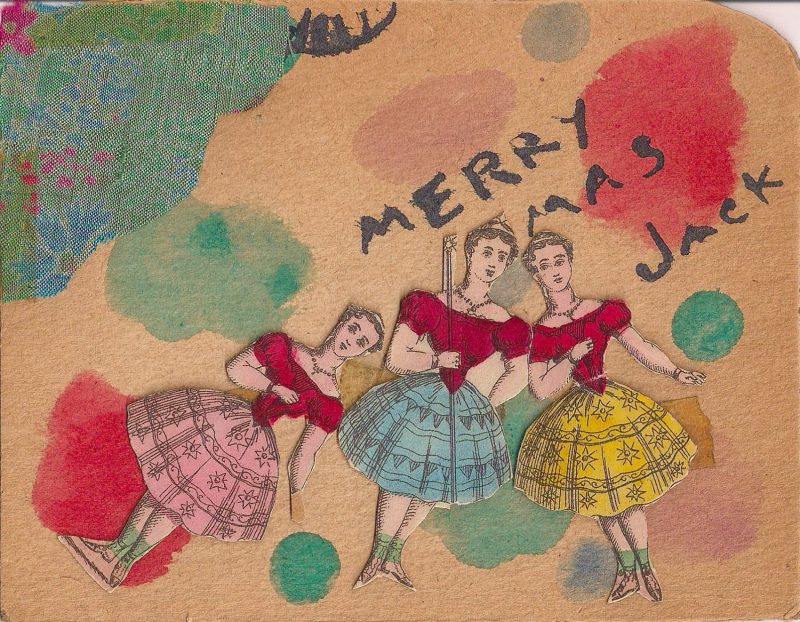 Vintage Christmas Postcard. Handmade collage & water-colour, ink and fabric on thick paper stock. One sided only. No info on reverse. Measures 5.5 x 4.5 inches. Unknown origin. Estimated date: late 1930’s. $45.