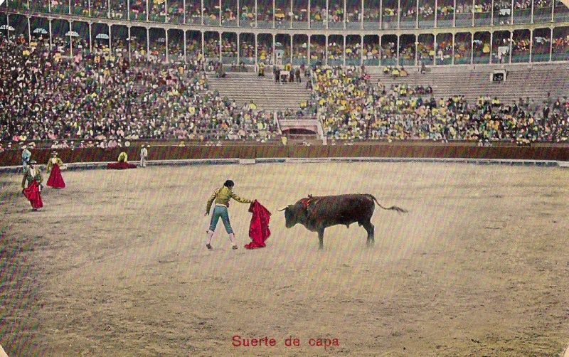 Original Vintage Spanish Postcard of Bull Fighter / Matador 'Suerte de Capa' (translation: stage of a bullfight where passes are made with the cape), Purchased in Madrid. 3.5 x 5.5 inches, $15.