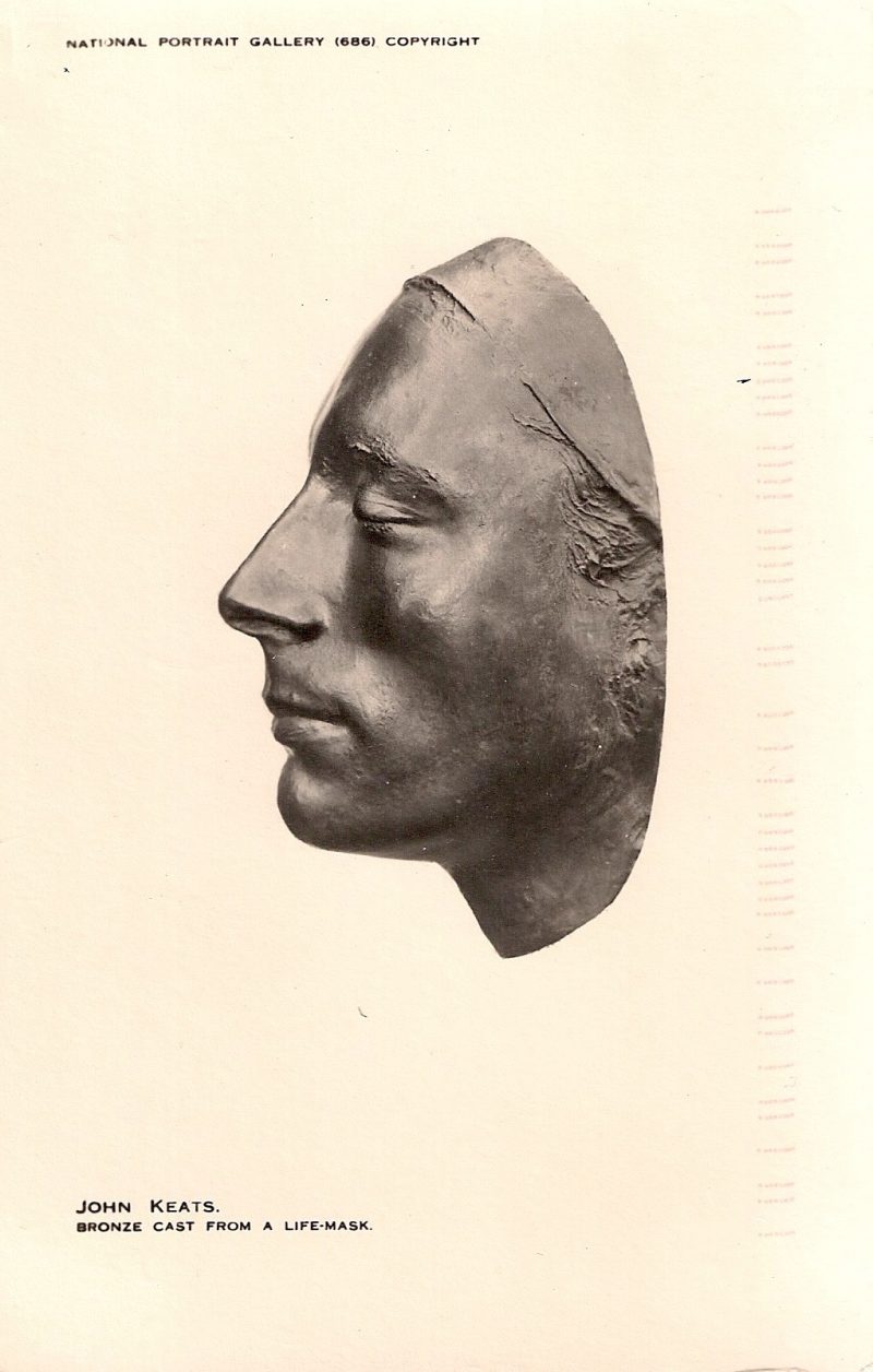 John Keats, Bronze Cast from a Life Mask. National Portrait Gallery. Handritten note on verso. Authentic Vintage Photographic Postcard, 1940-50's, Measures 4.5 x 5 inches (card sizes vary), Mild to no aging, $25. 