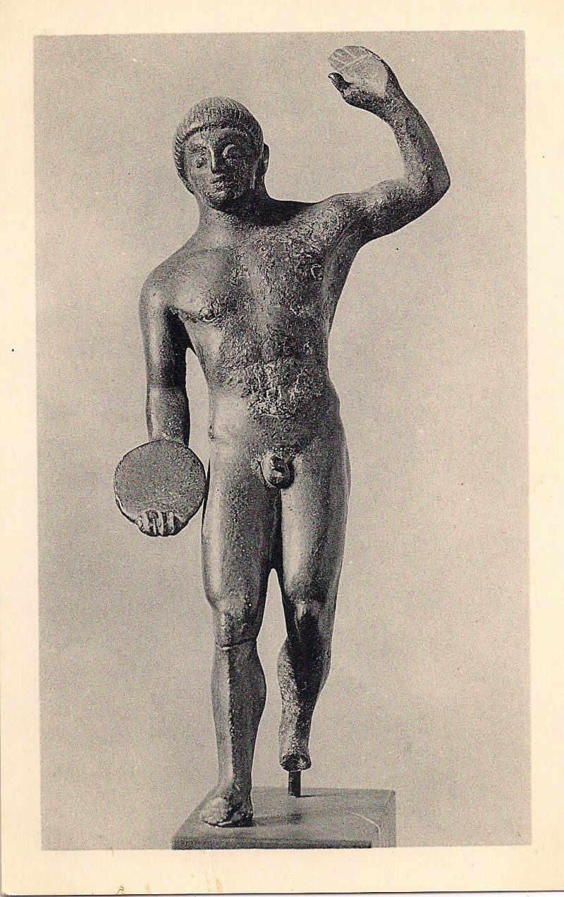 Statuette of a Discus Thrower, Bronze, 480 BC. Museum of Fine Arts, Boston. Authentic Vintage Photographic Postcard, 1940-50's, Measures 4.5 x 5 inches (card sizes vary), Mild to no aging, SOLD