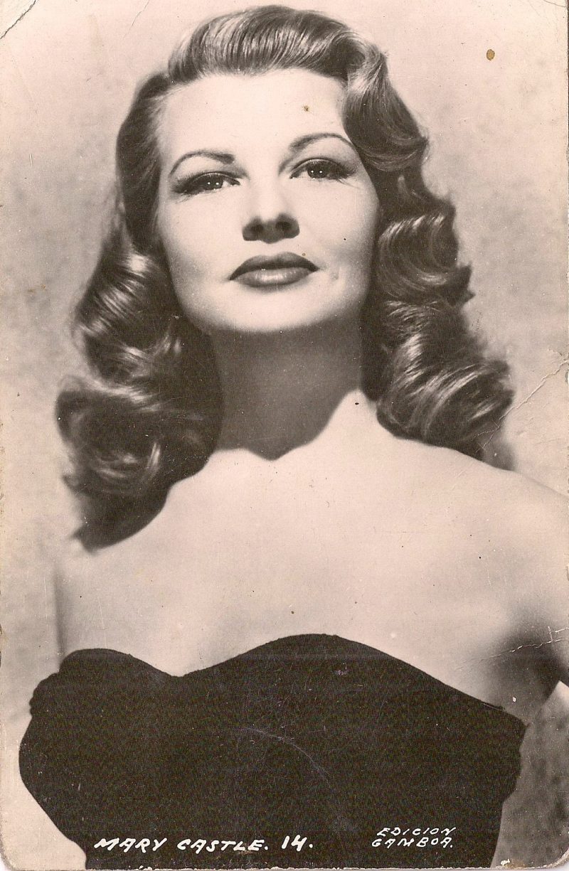 Authentic Vintage Postcard Photograph, Portrait of Actress Mary Castle. Measures 3.5 X 5.5 inches. 
Mary Ann Castle, January 22, 1931 – April 29, 1998) was an American actress of early film and television whose personal problems destroyed her once burgeoning career. Her best known role was as female detective Frankie Adams in the syndicated western series, Stories of the Century, which aired from 1954 to 1955. $25.