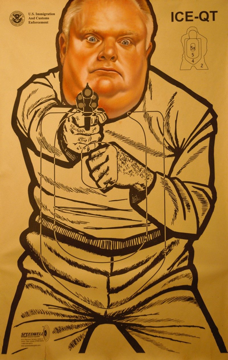 Rob Ford, by Peter Shmelzer, 22 x 35 inches,  Oil on vintage shooting range poster, 2014, $850.
