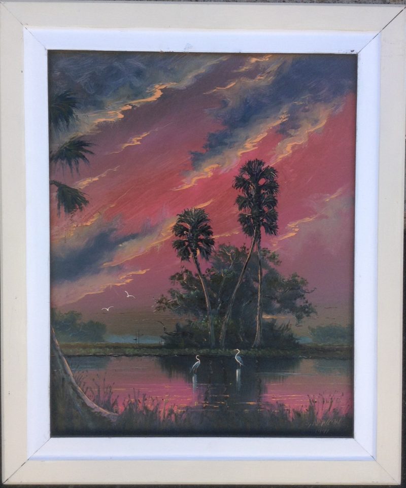 Sam Newton (Born 1948), Crimson Fire Sky, Oil On Masonite, 41 X 51cm (Image), 61 X 71cm (Framed), 1989, Signed.