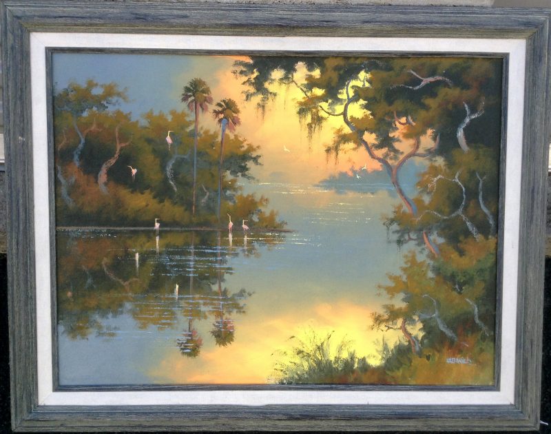 Willie Daniels (Born 1950), Sunset Mirrored River Bend, Oil On Canvas, 46 X 61cm (Image), 65 x 80cm (Framed), 1998, Signed. On Loan To 'Art In Embassies'.
