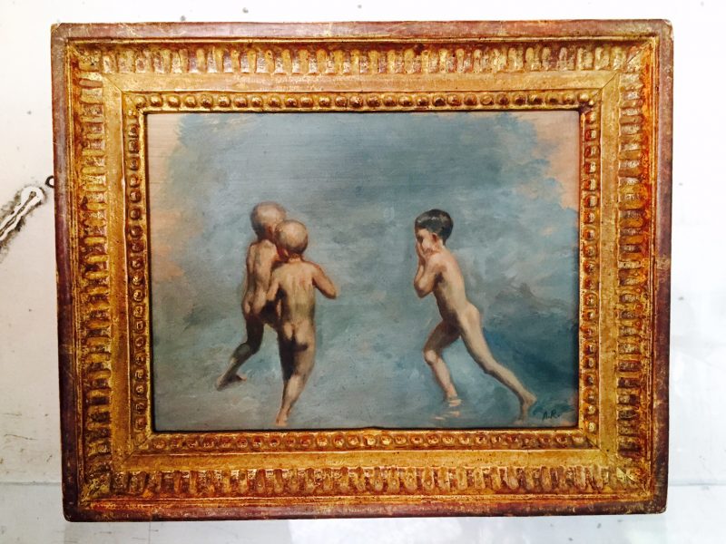 Alvin Ross (1920-1975), 'Boys Bathing', Sketch, Oil on Anjar Panel, 6.5 x 8.5 inches (image), 11 x 9 inches framed. 1963 (#270), Private Collection