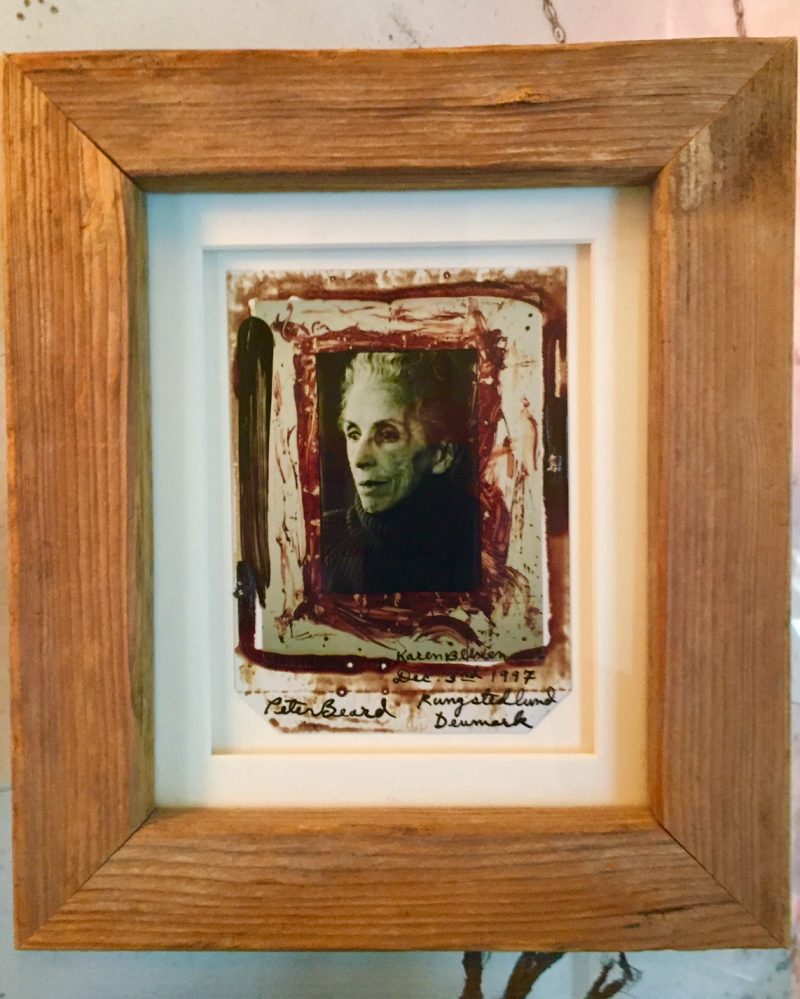 Peter Beard (New York, USA: Born 1938), 'Karen Blixen', Professional Polaroid, signed, titled, dated and variously inscribed in ink and blood, 4 x 6 inches. Hand-drawn self-portrait of the artist, and dedicted/inscribed to Guy Berube.