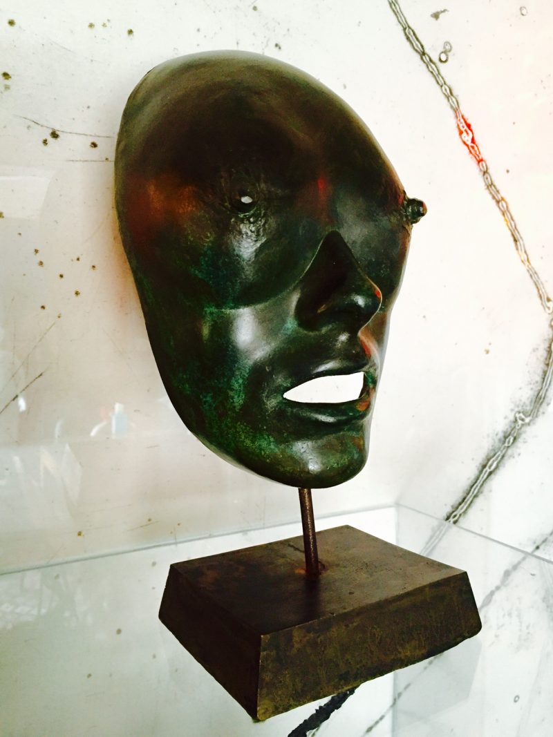 Unique 1979 Bronze Sculpture Breast Mask on stand, by Canadian artist Dale Dunning.