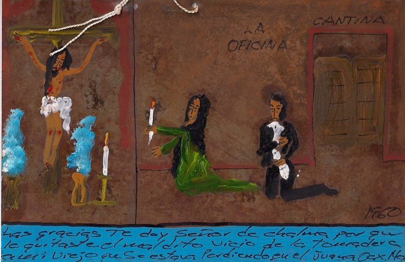 Original Religious Painting on metal / tin. Approx. 1960's Hand painted. Mexican Folk Art everyday life & chaos, with Religious Figures watching over them. Comes with small string at top for hanging on wall. Spanish message handwritten at bottom. Measures 4 x 6 inches. SOLD.