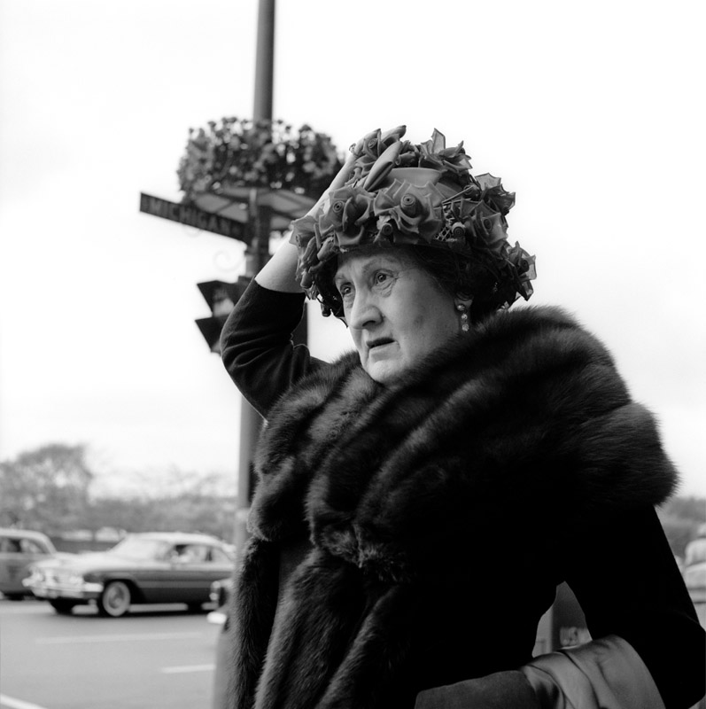 Vivian Maier, Chicago, Woman in Floral Hat on Michigan Ave. 1961.