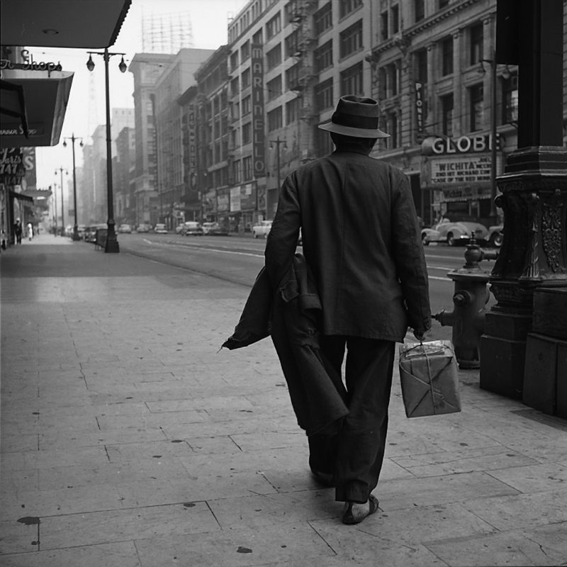 Vivian Maier, Los Angeles , Man Walking with Package. 1955.