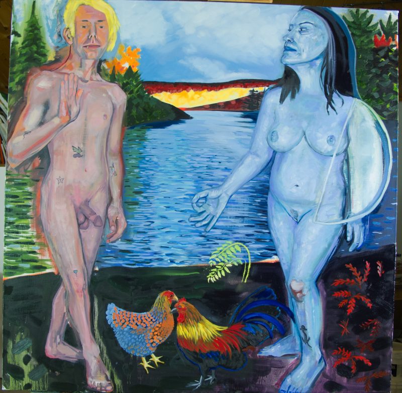Emblema XXX: The Cock Needs the Hen as the Sun Needs the Moon, 2017, Oil on Canvas, 60 x 60 inches, $2500.