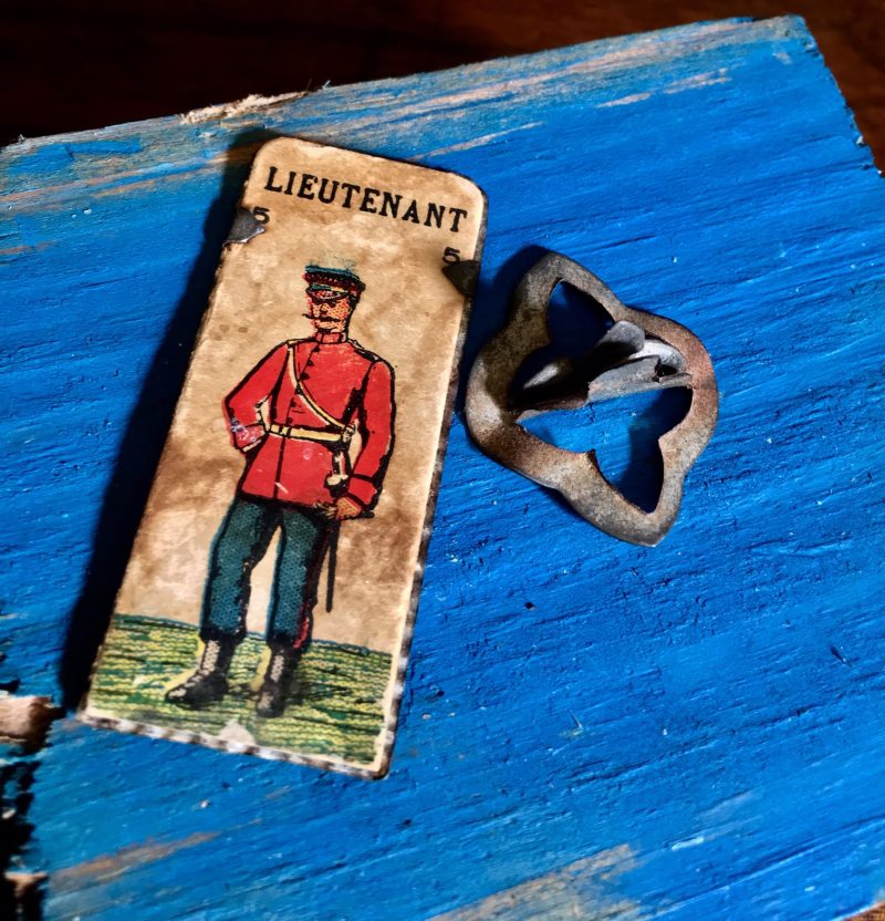 Antique Soldier on Metal Mount (removeable from metal mount). Measures 2.25 inches height x 1 inch width. $25.