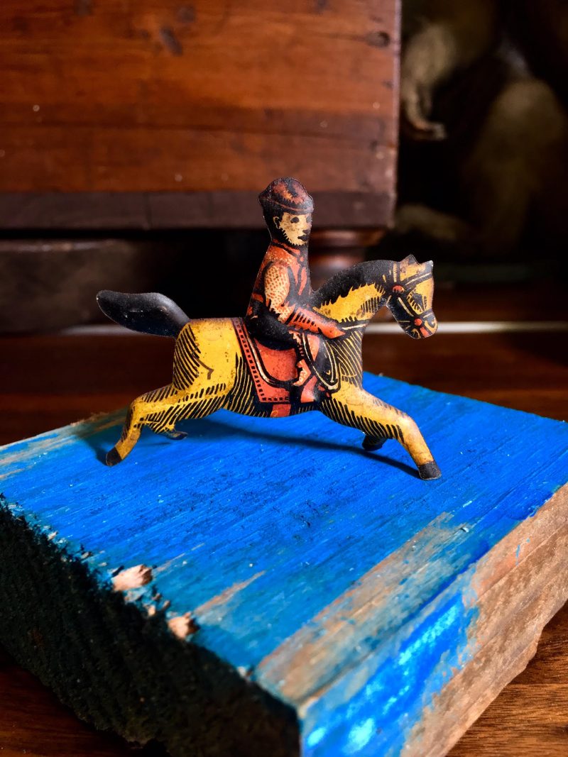 Antique Soldier on Horse, Metal, 1920's. 2.25 inches width x 2 inches height. $25