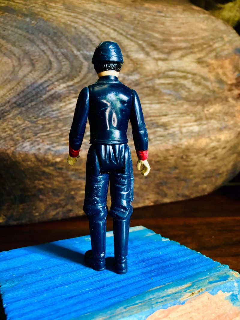 Plastic Toy Soldier with Killer Moustache, Date & Origin Unknown, Measures 4 inches height x 1.5 inches width. Arms, Legs and Head are moveable. $25. (verso)