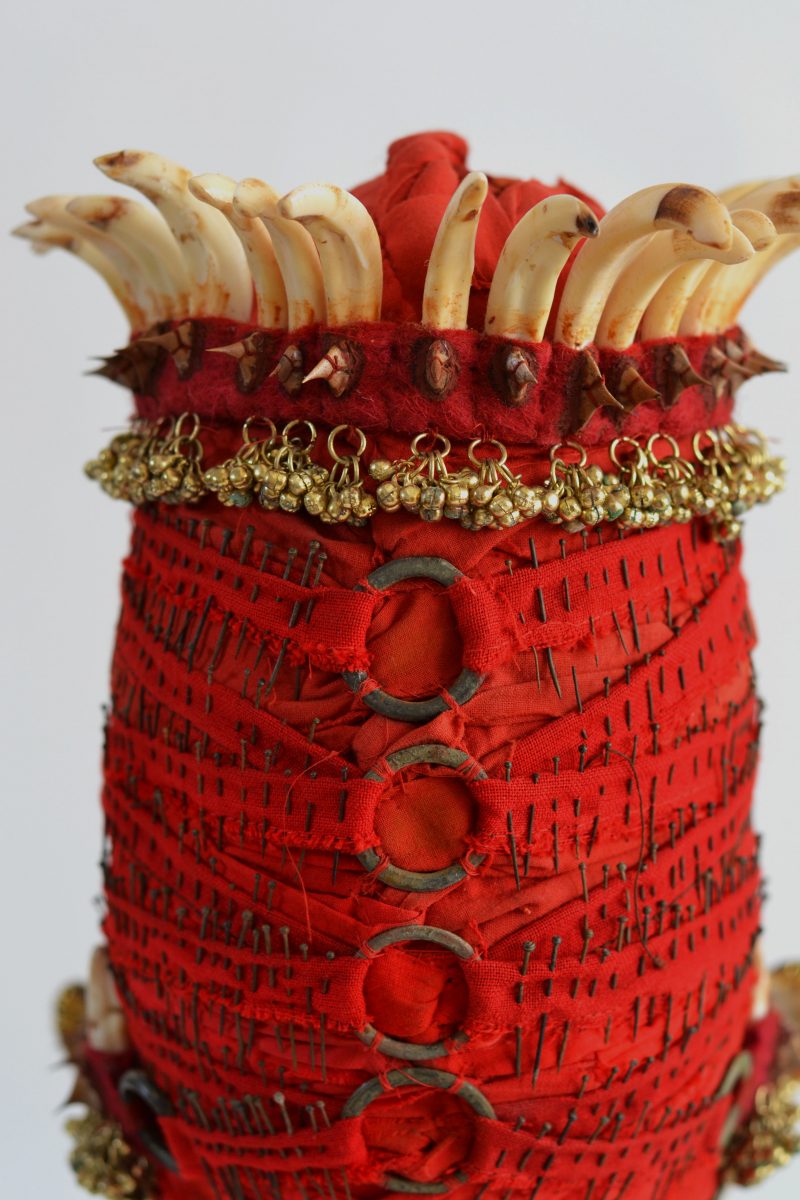 Red Fox (Vixen) 2019. Red Fox. Boar Teeth & Tusks. Rose Thorns. Vintage Japanese Fabric. Pins & Bridal Hoops 15th-19th Century. Indian Bells. $3800
