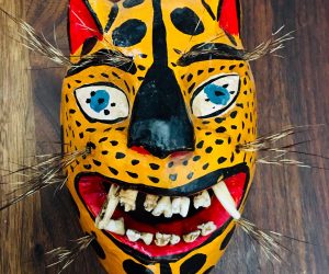 SOLD. Mexican Folk Art Leopard Wood Mask with Teeth