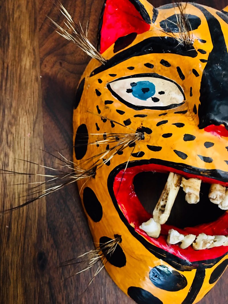 SOLD. Mexican Folk Art Leopard Wood Mask with Teeth