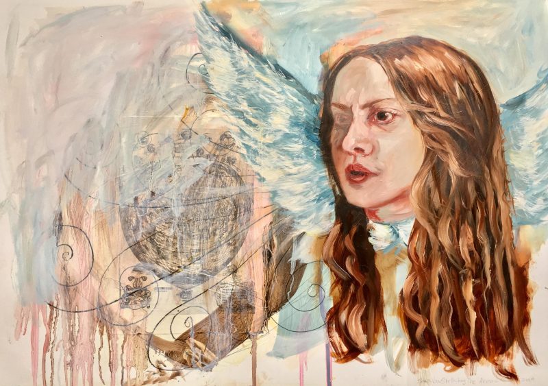 Sharon VanStarkenburg (Ottawa, Canada), The Anemoi Sister, 2019, 19.5 x 28 inches, Oil & Collage on Terraskin Paper. $350