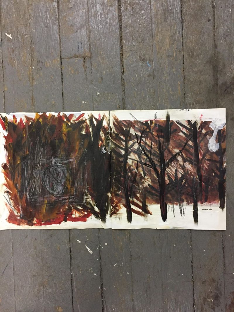 Sharon VanStarkenburg (Ottawa, Canada),'Forest Fire/Blockade' (Front View) Double-sided Mixed Media on Paper, 9 x 17 inches. SOLD.