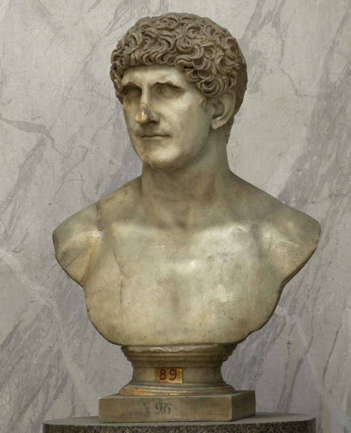 Portrait of Antony. For reference only. Roman male portrait bust, so-called Marcus Antonius. Fine-grained yellowish marble. Flavian age (6996 A.D.). Rome, Vatican Museums, Chiaramonti Museum.