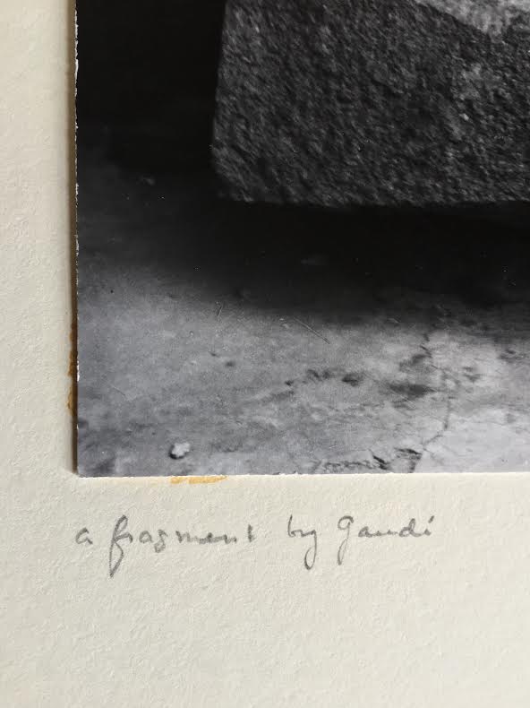 Jerome Hill. 'Fragment by Gaudi', 1957, Authentic Photograph, Measures 7.75 inches x 8.5 inches (print only) and 11 x 12 inches with backing (includes title, signature and year).Photo has 'unglued' from the mat. Image 3/5. USD$450.