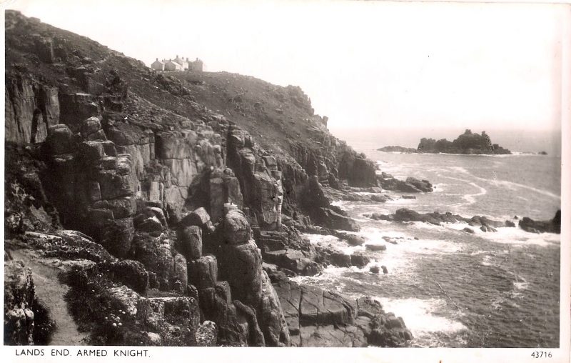 'Lands End. Armed Knight', Mid Century Authentic Vintage Photograph/Postcard. Printed on verso: 'Photochrom Postcard / Publishers to the World / Greetings / for address only' (card has no handwritten message / has been left blank). Measures 6 x 4 inches. Research tells us this location is in Cornwall, England. $15.