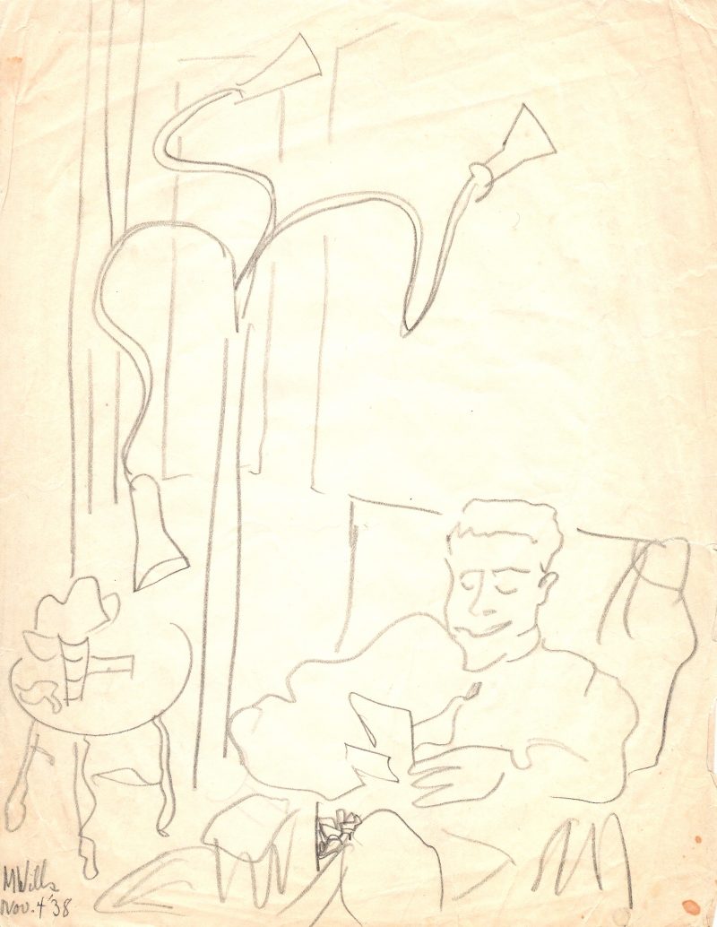 Original Graphite (Pencil) Drawing on Paper, 'Gentleman Reading Letter with Modern Lighting Fixture', Measures 8.25 inches width x 10.5 inches height. Signed & dated 'M. Wills Nov 4 '39'. $65