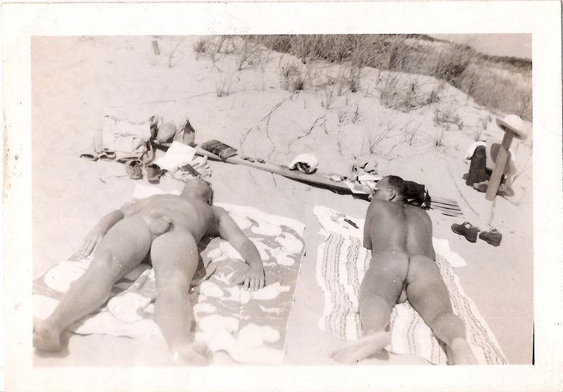 Original Vintage 1941 Fire Island Photograph of Lincoln Kirstein & friend lounging nude on the beach. SOLD.