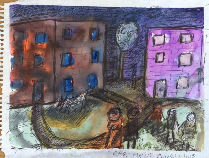 Lyle Richardson (Ottawa, Canada). 'Apartment Dwelling', Mixed Media on Found Paper, 12 inches width x 9 inches height. Collection of Guy Berube. Donated to the City of Ottawa Art Collection.