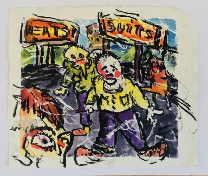 Lyle Richardson (Ottawa, Canada). 'Eats & Suits', Mixed Media on Found Paper, 10 inches width x 8 inches height. Mounted on card stock. Collection of Guy Berube. Donated to the City of Ottawa Art Collection.