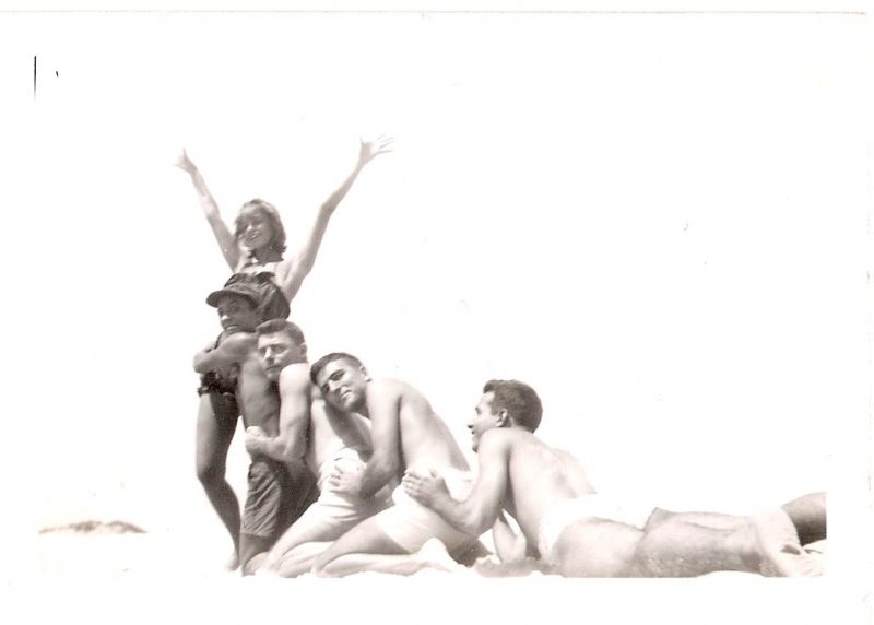 Mid Century Authentic Photograph, 'Besties Posing Gloriously on the Beach', Dated 1946. Posing is Jeanne Owens: athlete, artist, bohemian New Yorker, former Olympic medal winner in 1938. Measures 3.25 x 5 inches. SOLD..