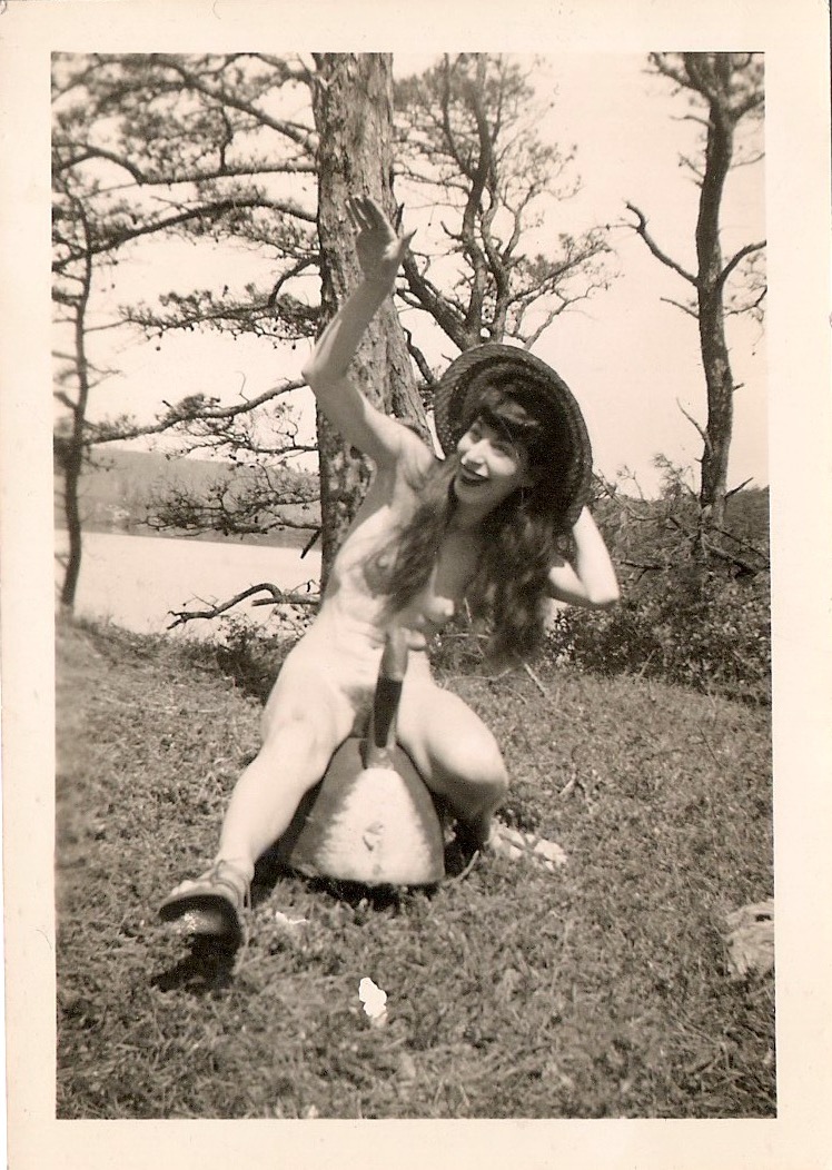 Mid Century Vintage Authentic Photograph, 'Swan Song: Nude Lady with Wood Swan & Fab Straw Hat'. Dated 1941 on verso. Measures 3.5 x 2.5 inches. From an American Estate Sale. $55.
