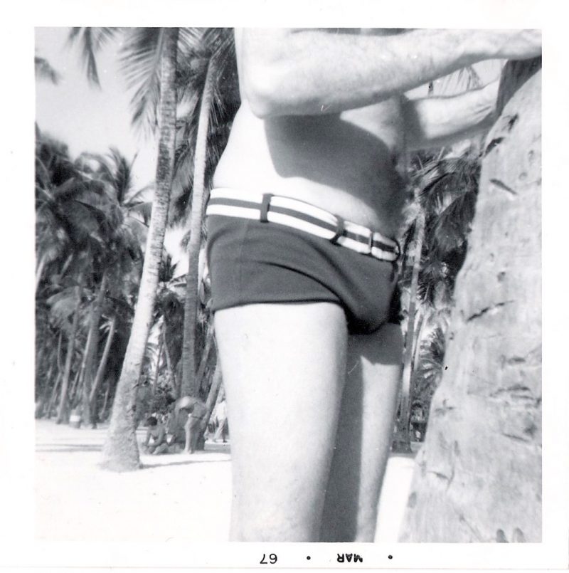 Mid Century Authentic Photograph, 'Fab Bathing Suit with Belt & Palm Trees', Handwritten on verso 'Puerto Rico 1967'. Measures 3.5 x 3.5 inches. SOLD.