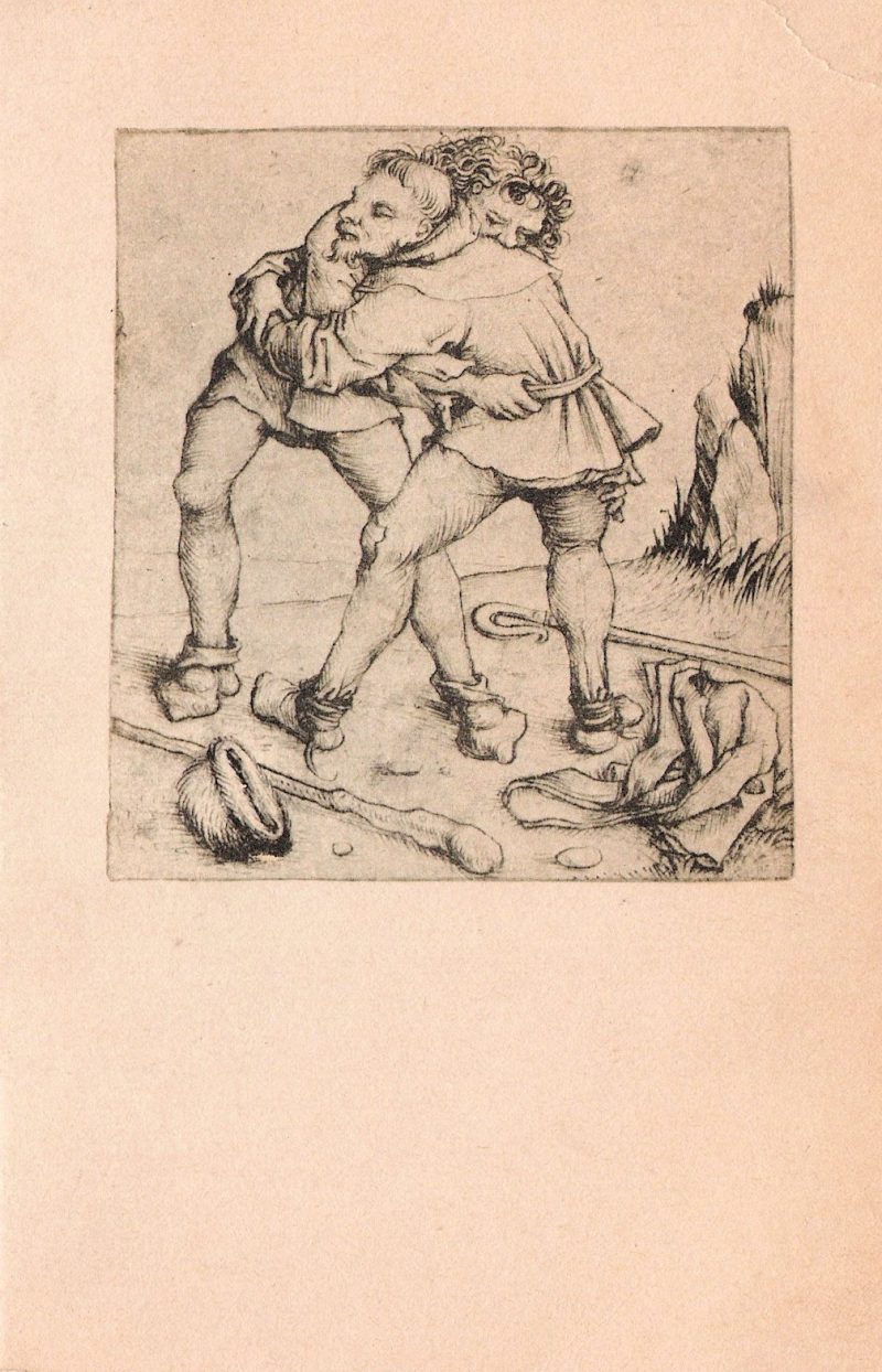 Vintage Postcard, 'Two Peasants Wrestling, Drypoint by Dutch, Fl. 1475-1490, National Gallery of Art', Measures 5.5 x 3.5 inches. $15.