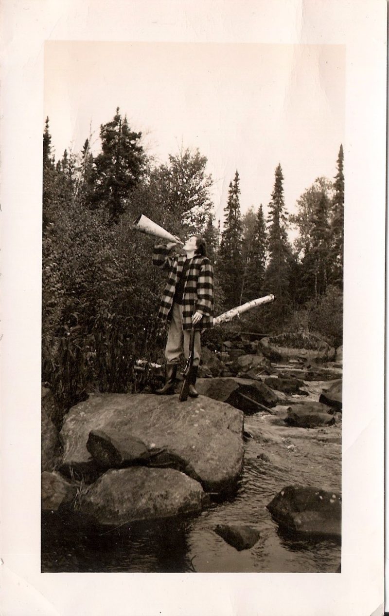 Vintage Anonymous Photograph, 'Woman with Hunting Gun & Birch Bark Moose Caller', Handwritten 'Sept 1950', Measures 3 x  4.75 inches. $15