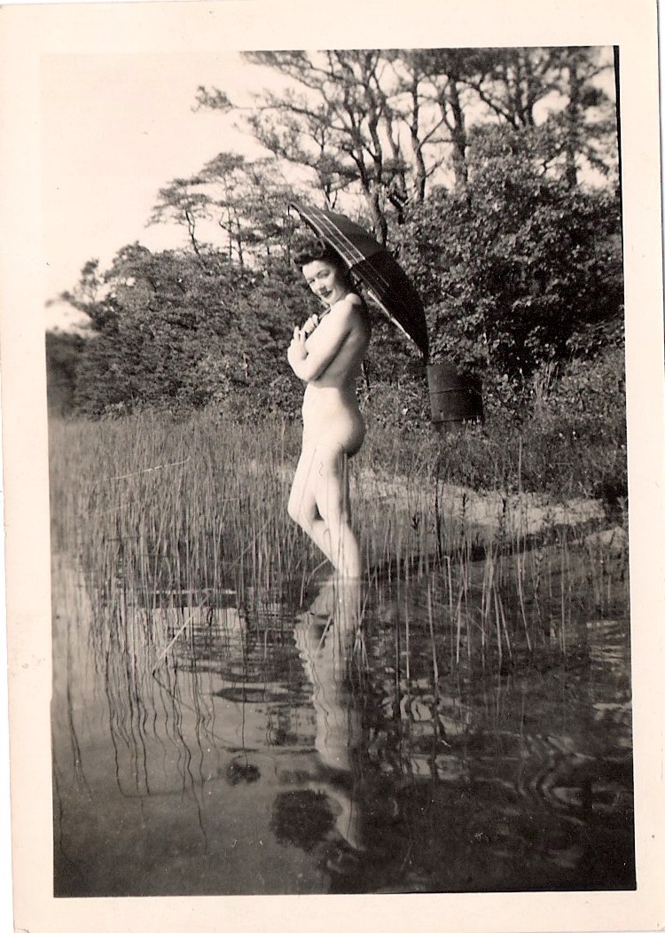 Mid Century Vintage Authentic Photograph, 'Female Nude with Umbrella', Measures 3.5 x 2.5 inches. From an American Estate Sale. $55.
