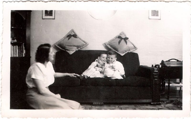 Vintage Anonymous Photograph, 'Adorable Brothers Hugging & Mother & Fab Cushions' Handwritten 'Juin 1948, Trois-Rivieres', Measures 3 x   4.5 inches. $15