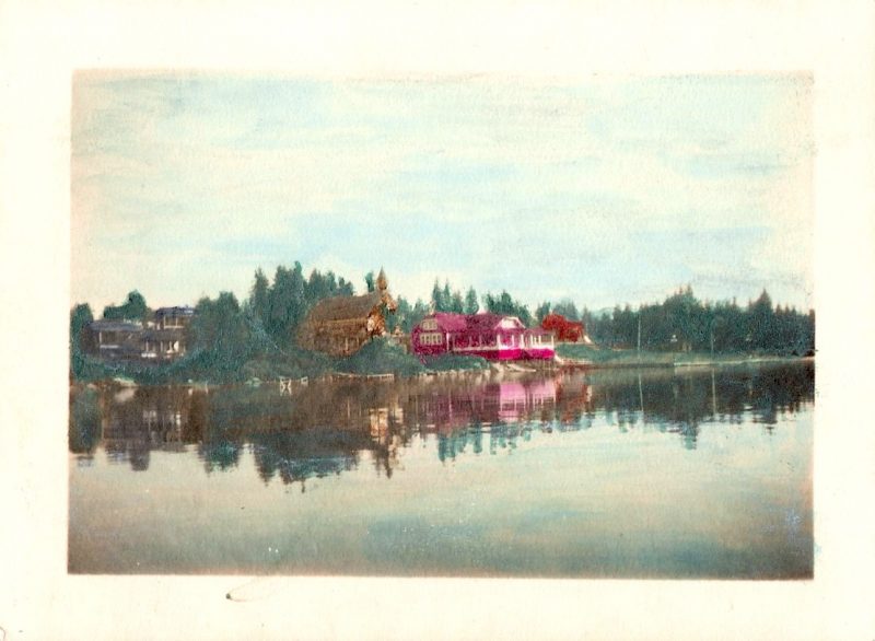 Vintage Anonymous Color Retouched Photograph, 'Chruch on the Lake', Handwritten on verso 'Chapelle et Salle de Danse'. Measures 3.75 x 2.75 inches. $25
