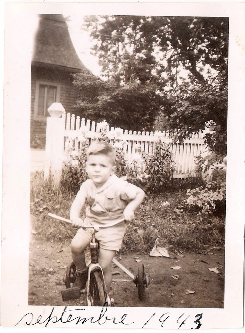 Vintage Anonymous Photograph, 'Adorable Boy on Tricycle & White Picket Fence', Handwritten 'Septembre 1943', Measures 3.5 x 2.75 inches. $15