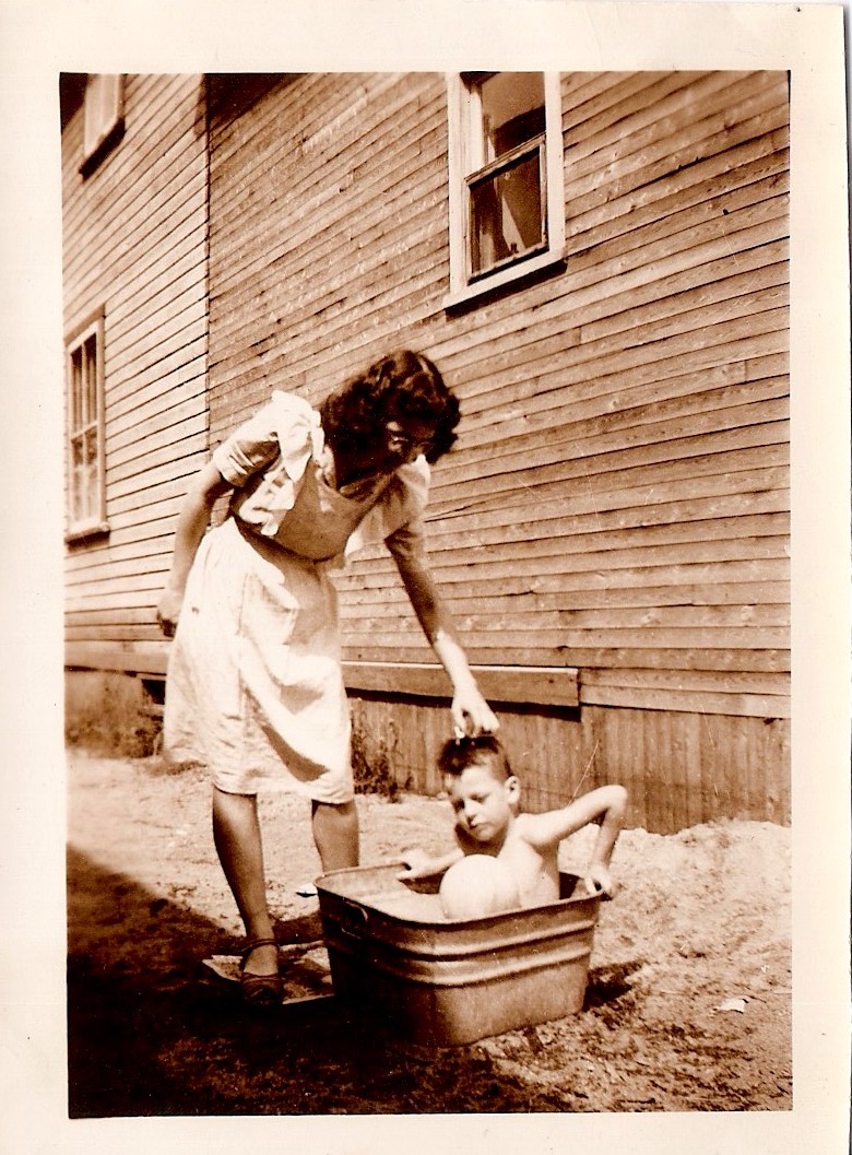 Vintage Anonymous Photograph, 'Boy Mother Bathing Boy in Bucket Outdoors', Handwritten 'Aout 49', Measures 2.75 x 3.5 inches. $15