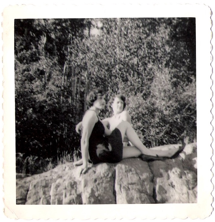 Vintage Anonymous Photograph, Two Ladies on a Rock, 'fin de Juillet 1950', Measures 3.5 x 3.5 inches. $15