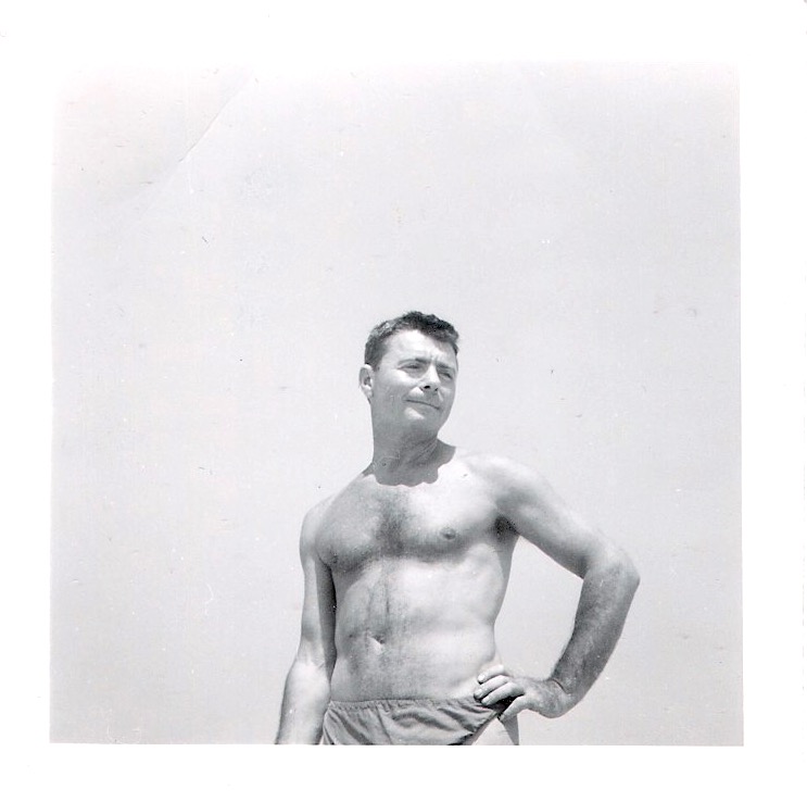 Mid Century Authentic Photograph,  'Smiling Happy Man with Makeshift Bathing Suits'. 1945. Measures 2.5 x 3.25 inches. SOLD